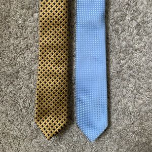 Lot of 2 handmade slim geometric ties in baby blue polka dot and gold squares